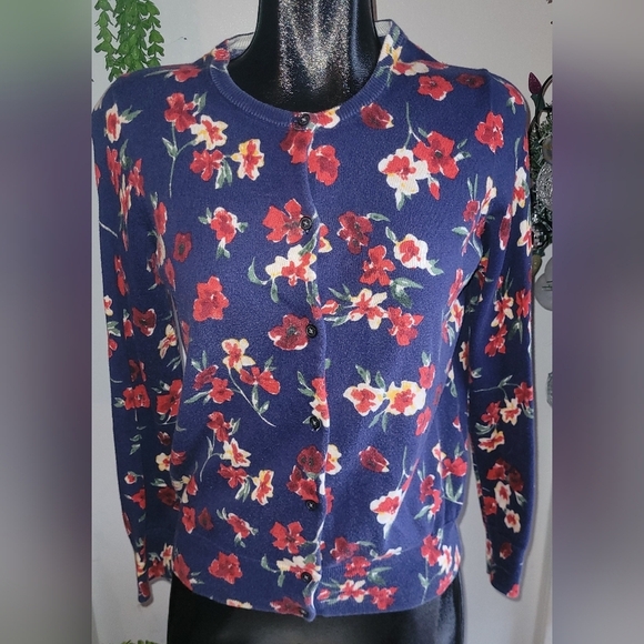 Land's End Blue and Red Floral Cardigan Sz.PM - Picture 1 of 7
